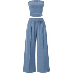 ZESICA Women’s 2026 Summer 2 Piece Vacation Outfits Strapless Crop Tube Tops and Wide Leg Pants Travel Matching Sets(Blue)