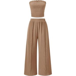 ZESICA Women’s 2026 Summer 2 Piece Vacation Outfits Strapless Crop Tube Tops and Wide Leg Pants Travel Matching Sets(Khaki)
