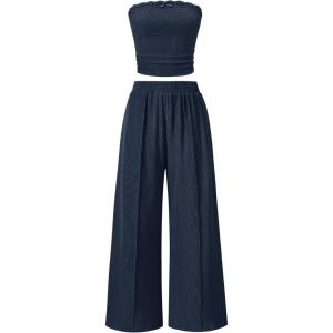 ZESICA Women’s 2026 Summer 2 Piece Vacation Outfits Strapless Crop Tube Tops and Wide Leg Pants Travel Matching Sets(Navy)