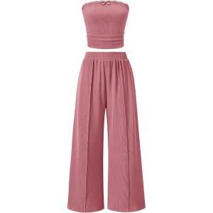ZESICA Women’s 2026 Summer 2 Piece Vacation Outfits Strapless Crop Tube Tops and Wide Leg Pants Travel Matching Sets(Pink)