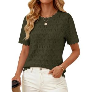 ZESICA Women’s Crochet Short Sleeve Sweaters 2026 Summer Casual Crewneck Hollow Out Tops Beach Vacation Shirts Outfits(Armygreen)