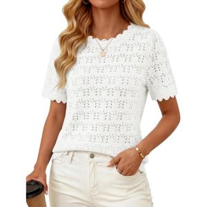 ZESICA Women’s Crochet Short Sleeve Sweaters 2026 Summer Casual Crewneck Hollow Out Tops Beach Vacation Shirts Outfits(White)