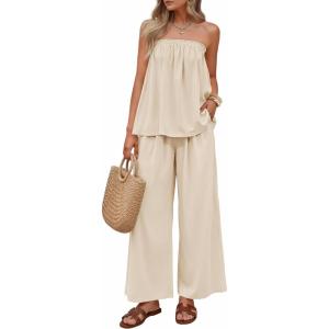 ZESICA Women’s Summer 2 Piece Sets 2026 Spring Casual Strapless Tube Top Wide Leg Pants Ruffle Beach Vacation Outfits(Apricot)