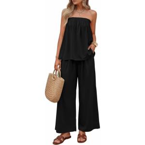 ZESICA Women’s Summer 2 Piece Sets 2026 Spring Casual Strapless Tube Top Wide Leg Pants Ruffle Beach Vacation Outfits(Black)