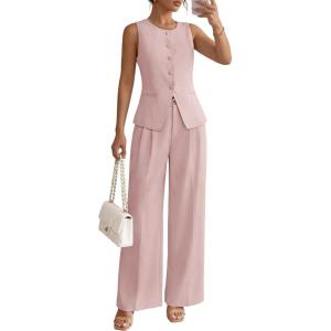 ZESICA Women’s Summer 2 Piece Suit Sets 2026 Sleeveless Blazer Vest Wide Leg Pants Business Casual Outfits Work Clothes(Pink)