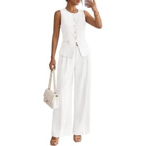 ZESICA Women’s Summer 2 Piece Suit Sets 2026 Sleeveless Blazer Vest Wide Leg Pants Business Casual Outfits Work Clothes(White)