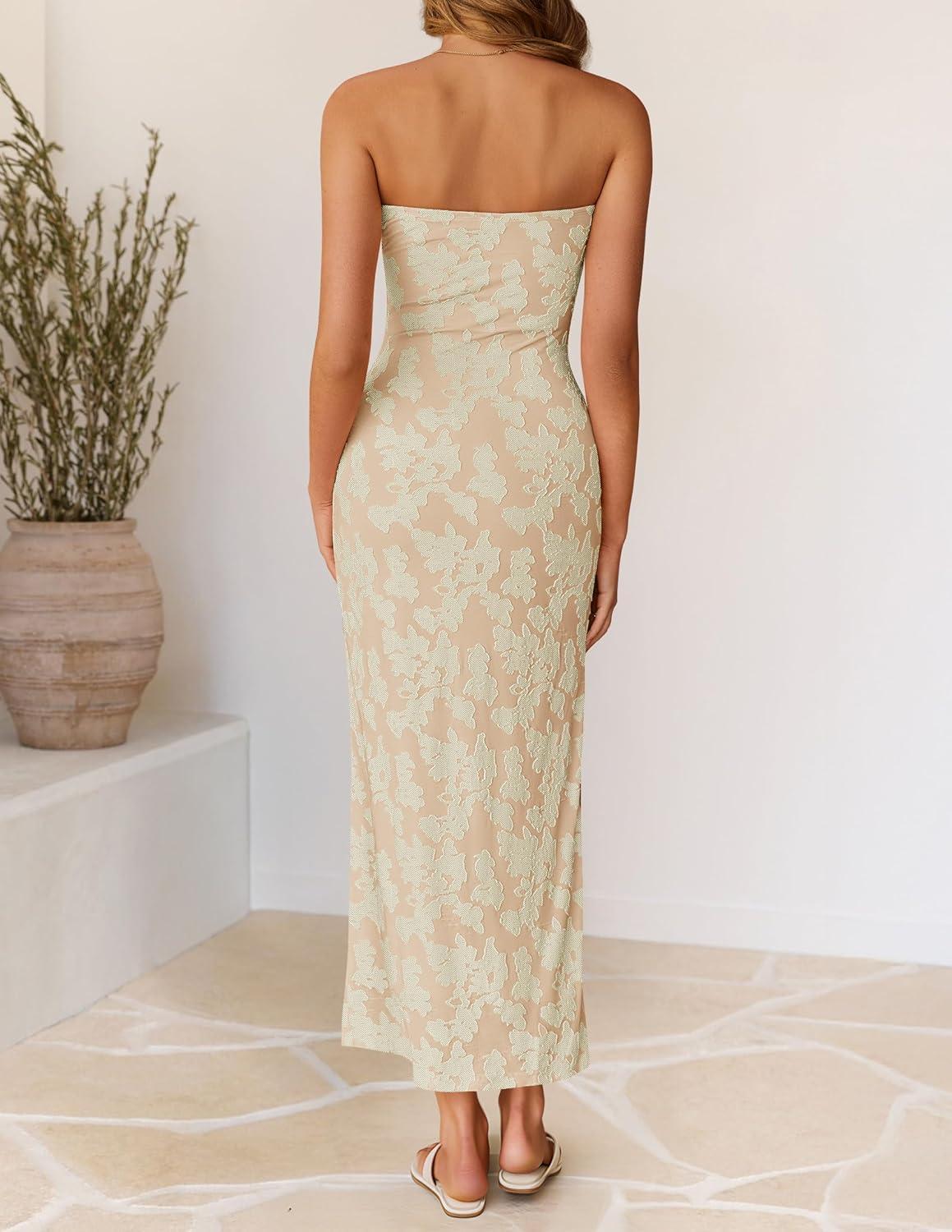 imageZESICA Womens 2026 Summer Floral Strapless Maxi Dress Bodycon Tube Side Slit Mesh Wedding Guest Cocktail Party Long DressesApricot