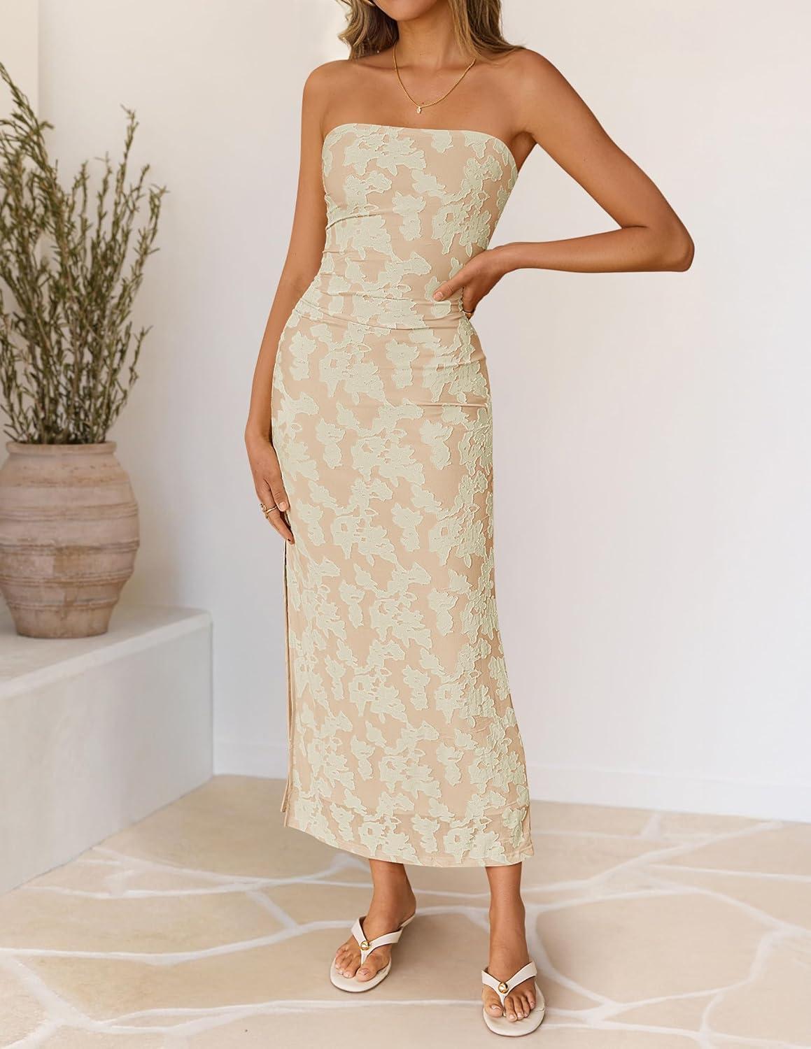 imageZESICA Womens 2026 Summer Floral Strapless Maxi Dress Bodycon Tube Side Slit Mesh Wedding Guest Cocktail Party Long DressesApricot