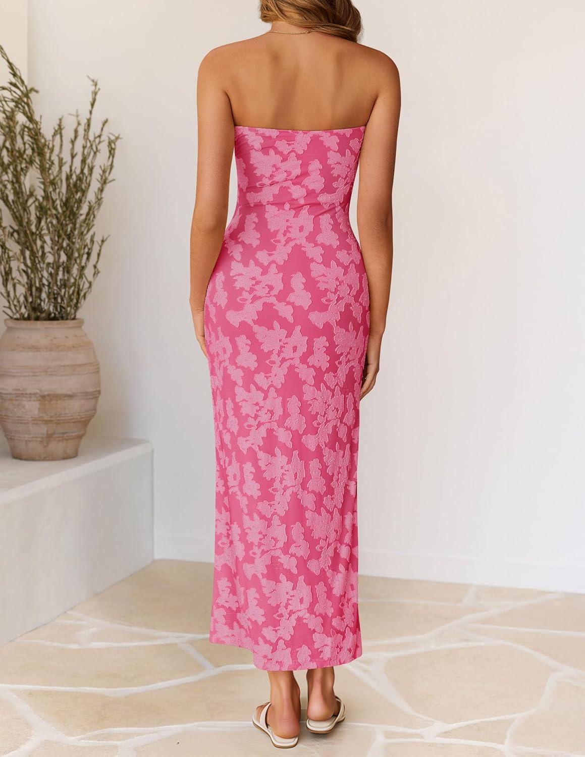 imageZESICA Womens 2026 Summer Floral Strapless Maxi Dress Bodycon Tube Side Slit Mesh Wedding Guest Cocktail Party Long DressesHot Pink