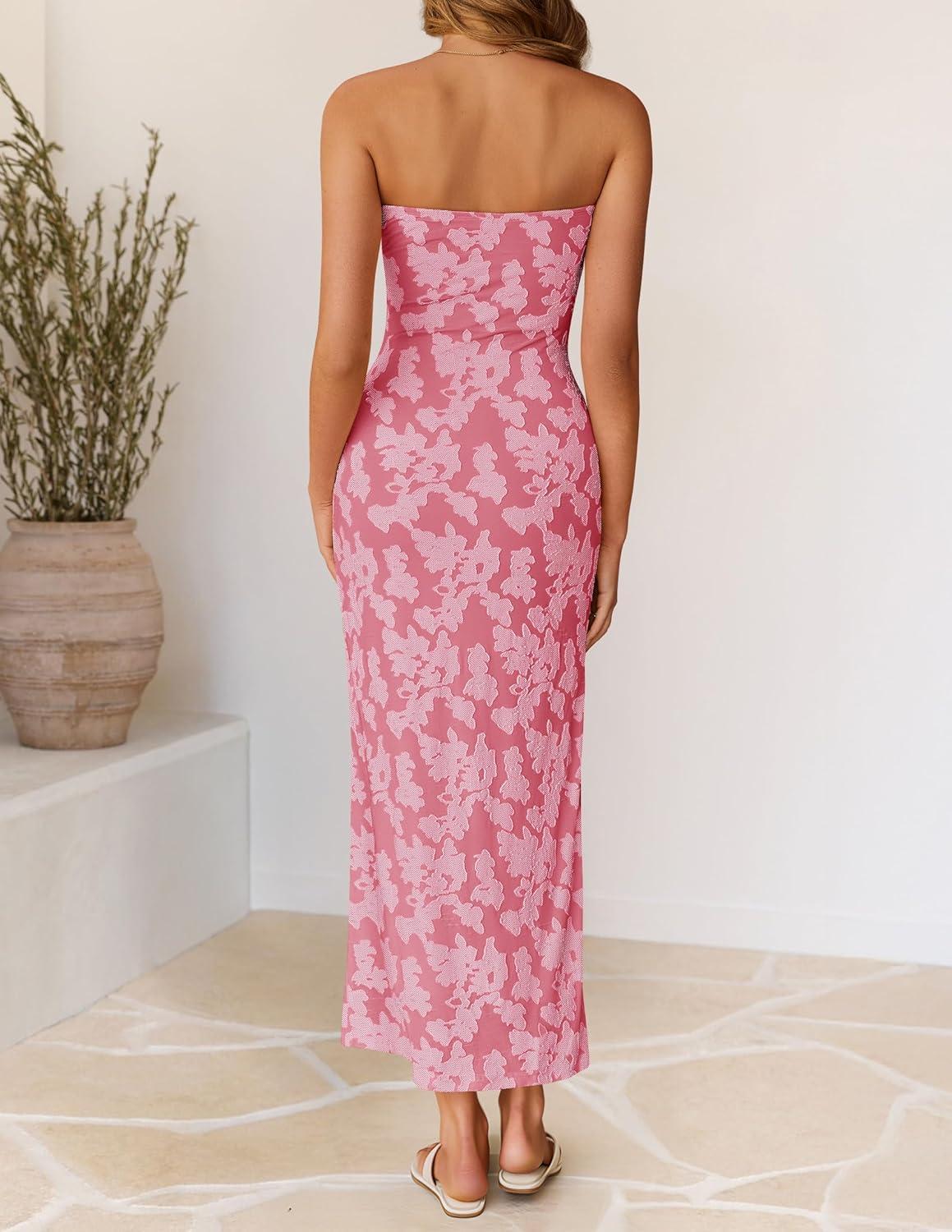 imageZESICA Womens 2026 Summer Floral Strapless Maxi Dress Bodycon Tube Side Slit Mesh Wedding Guest Cocktail Party Long DressesPink
