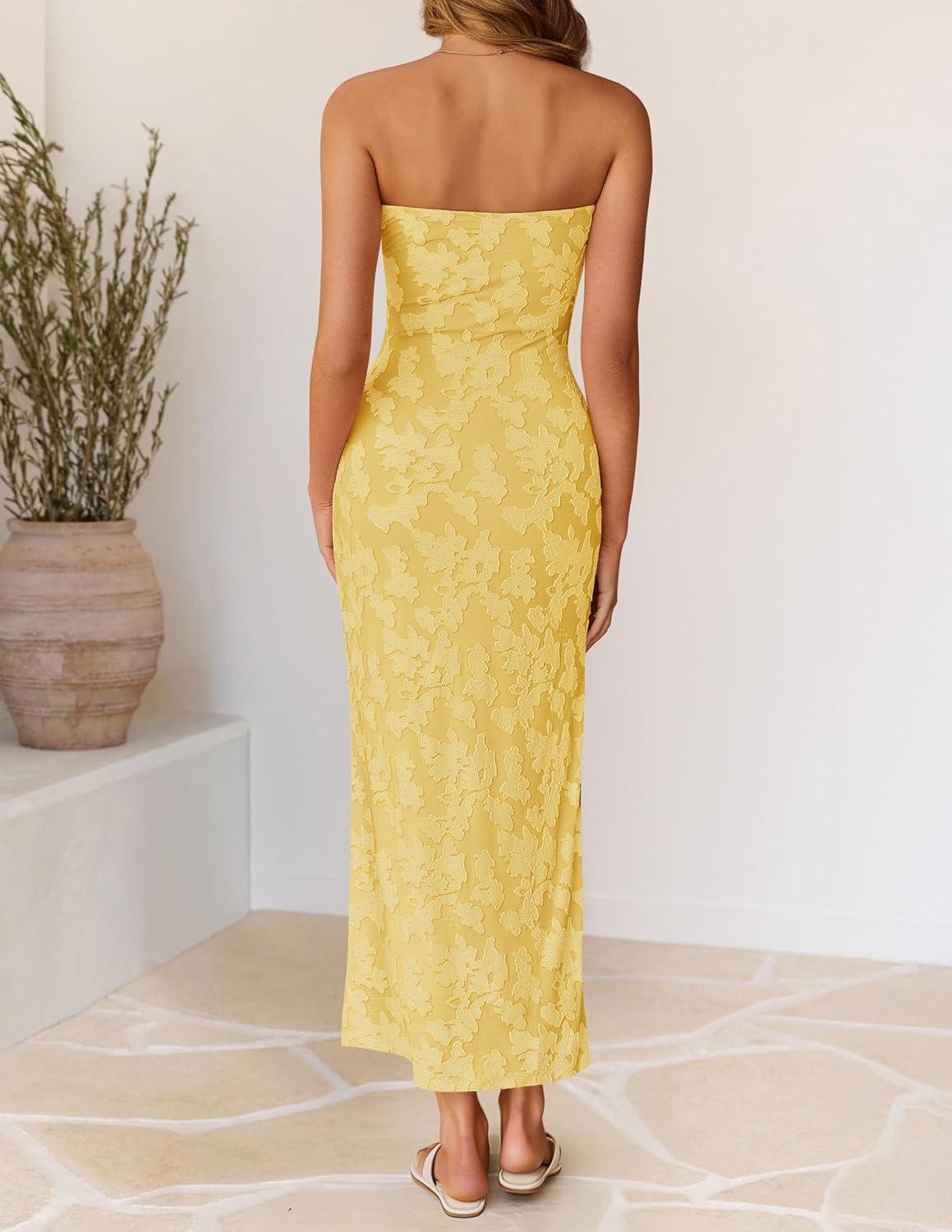 imageZESICA Womens 2026 Summer Floral Strapless Maxi Dress Bodycon Tube Side Slit Mesh Wedding Guest Cocktail Party Long DressesYellow