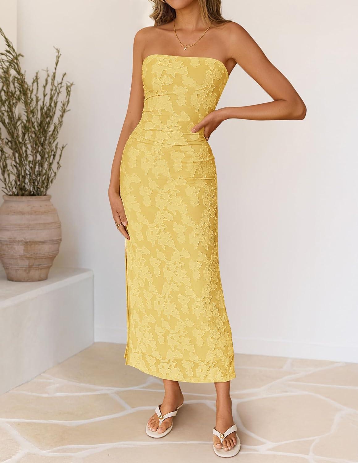 imageZESICA Womens 2026 Summer Floral Strapless Maxi Dress Bodycon Tube Side Slit Mesh Wedding Guest Cocktail Party Long DressesYellow