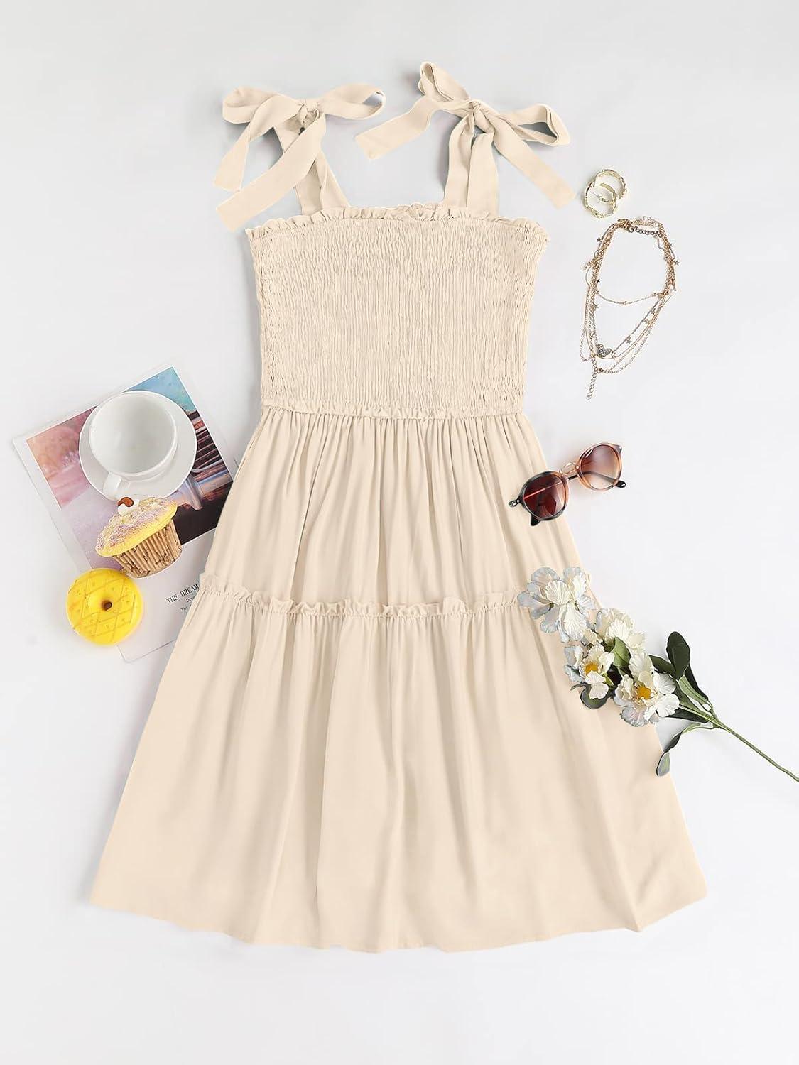 imageZESICA Womens 2026 Summer Spaghetti Strap Sleeveless Square Neck Ruffle A Line Swing Mini DressApricot