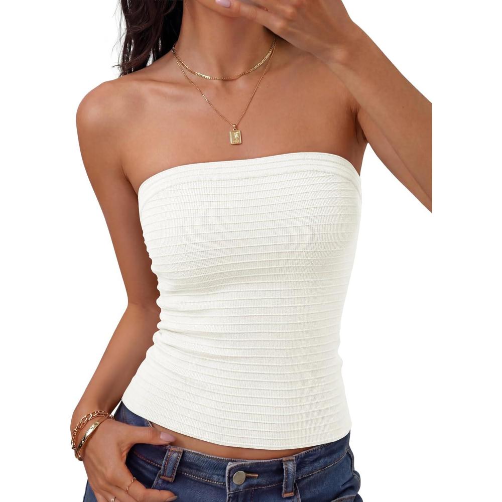 imageZESICA Womens Summer Strapless Tube Tops 2026 Bandeau Off Shoulder Knit Top Slim Fit Crop Ruched Beach Vacation OutfitsWhite