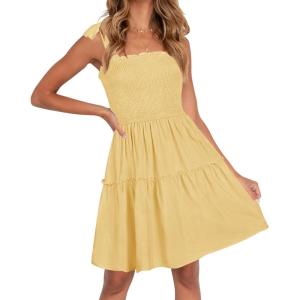 ZESICA Women’s 2026 Summer Spaghetti Strap Sleeveless Square Neck Ruffle A Line Swing Mini Dress(Light Yellow)