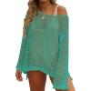 ZESICA Women’s 2026 Summer Crochet Hollow Out Long Sleeve Beach Bikini Swimsuit Mesh Cover Up Tunic Top(Peacock)
