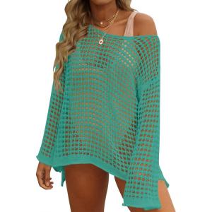 ZESICA Women’s 2026 Summer Crochet Hollow Out Long Sleeve Beach Bikini Swimsuit Mesh Cover Up Tunic Top(Peacock)