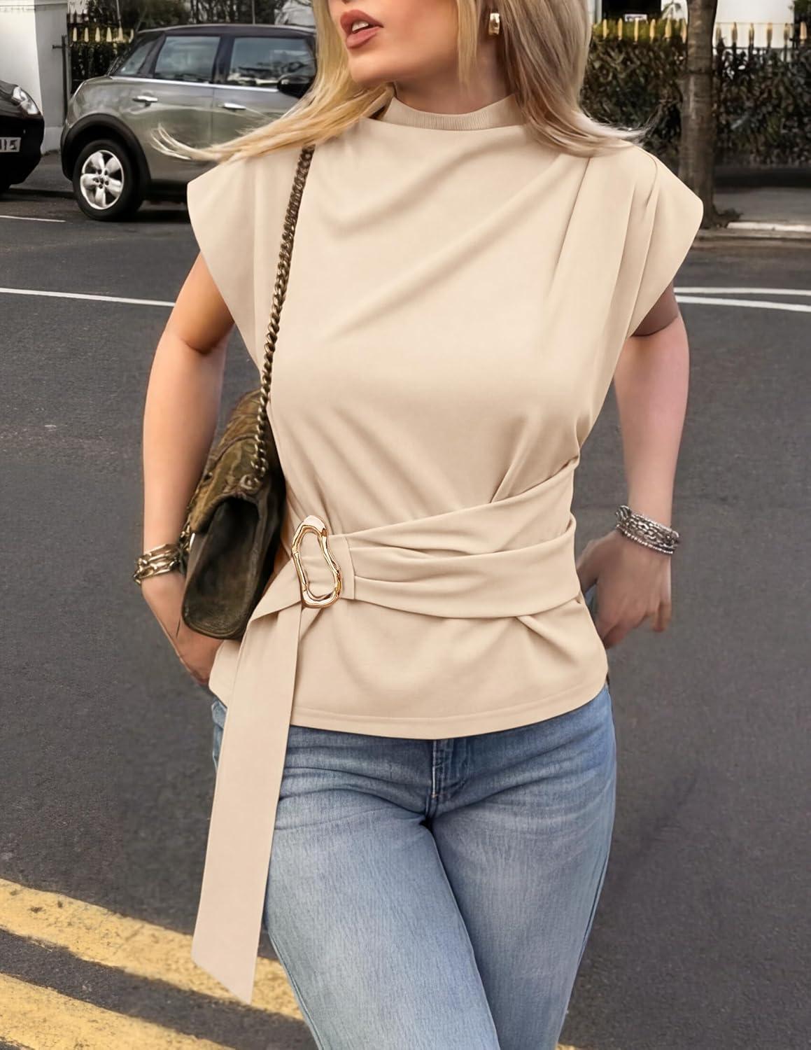 imageZESICA Womens 2026 Summer Cap Sleeve Blouse Mock Neck Business Casual Tops Spring Dressy Tunic Work ShirtsApricot