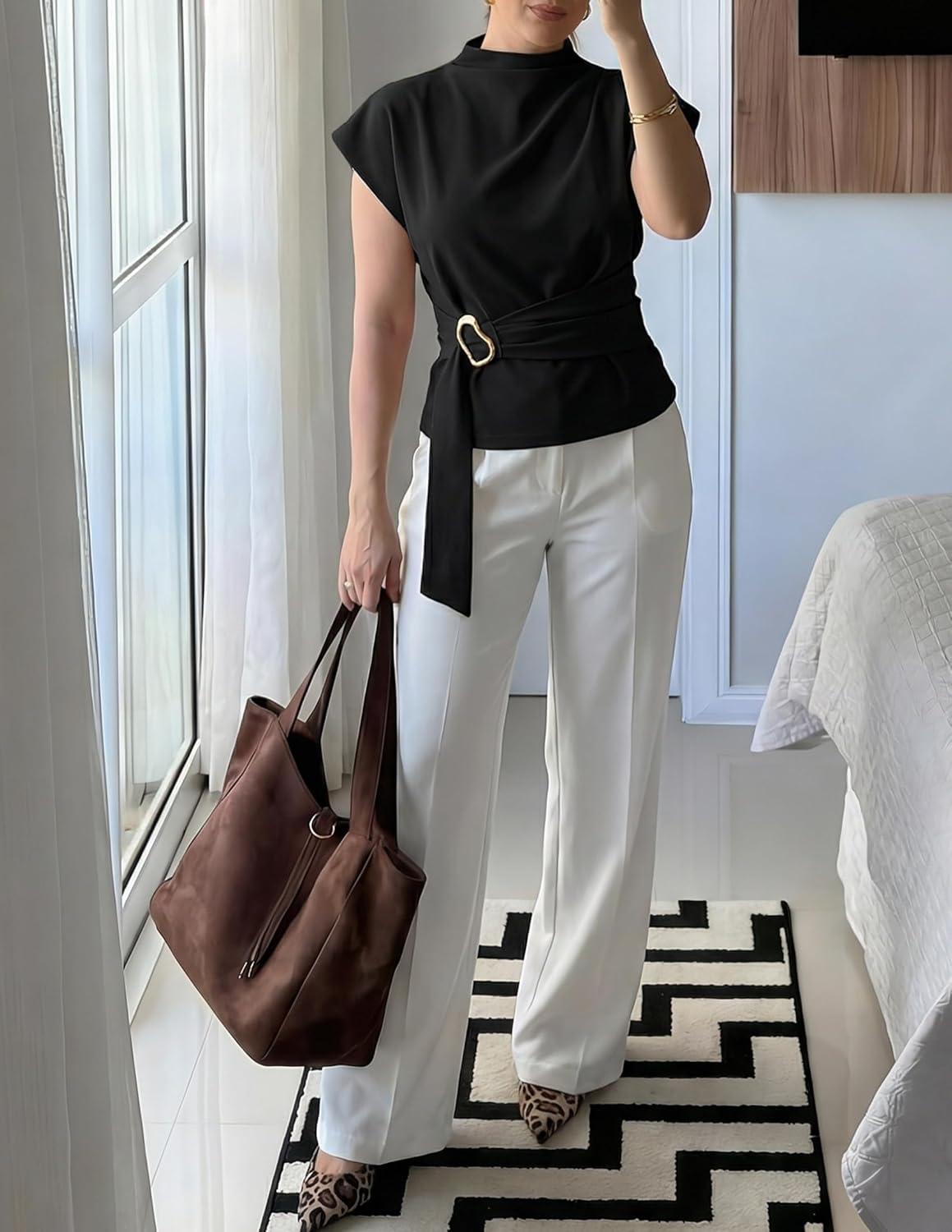 imageZESICA Womens 2026 Summer Cap Sleeve Blouse Mock Neck Business Casual Tops Spring Dressy Tunic Work ShirtsBlack