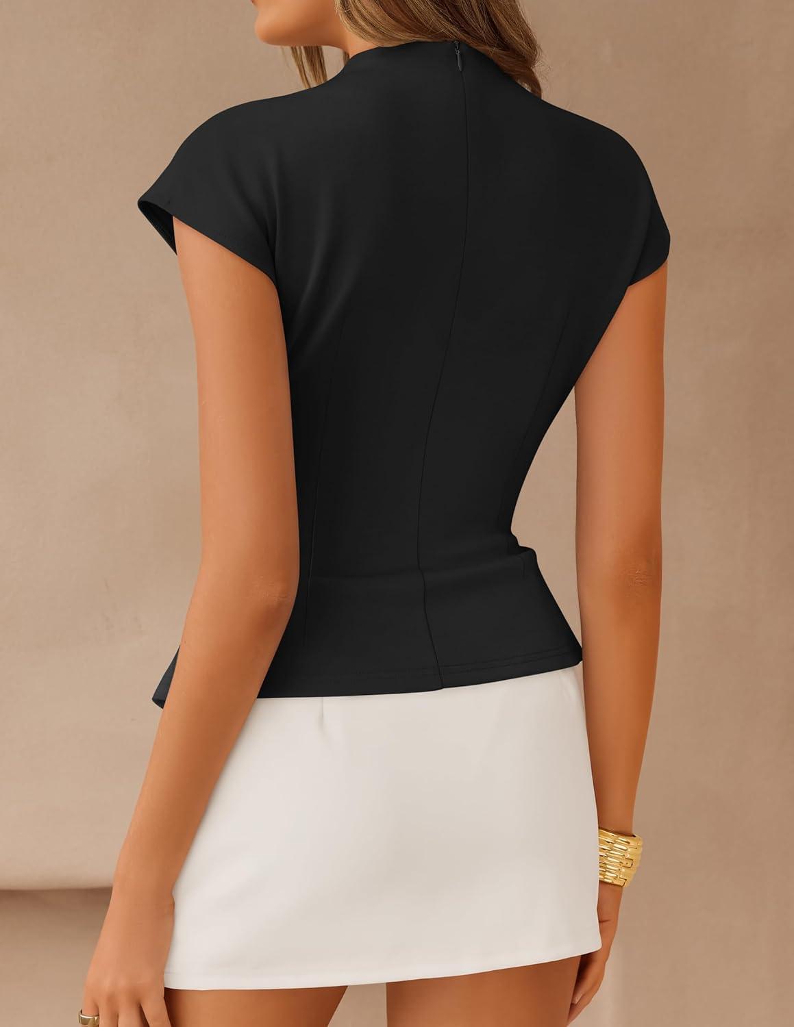imageZESICA Womens 2026 Summer Cap Sleeve Blouse Mock Neck Business Casual Tops Spring Dressy Tunic Work ShirtsBlack