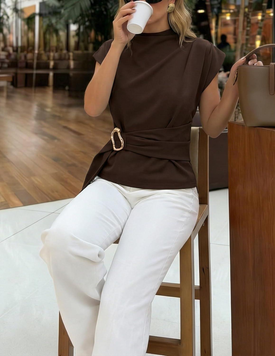 imageZESICA Womens 2026 Summer Cap Sleeve Blouse Mock Neck Business Casual Tops Spring Dressy Tunic Work ShirtsBrown