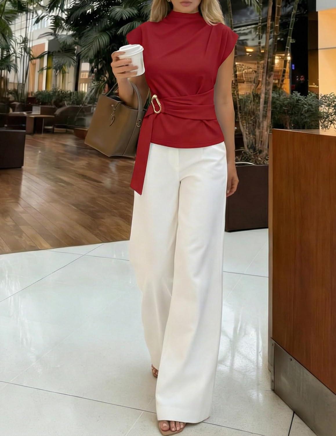 imageZESICA Womens 2026 Summer Cap Sleeve Blouse Mock Neck Business Casual Tops Spring Dressy Tunic Work ShirtsWine