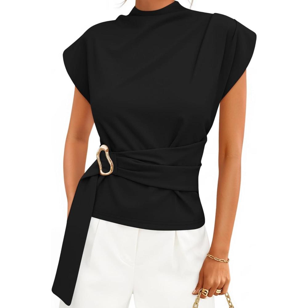 imageZESICA Womens 2026 Summer Cap Sleeve Blouse Mock Neck Business Casual Tops Spring Dressy Tunic Work ShirtsBlack