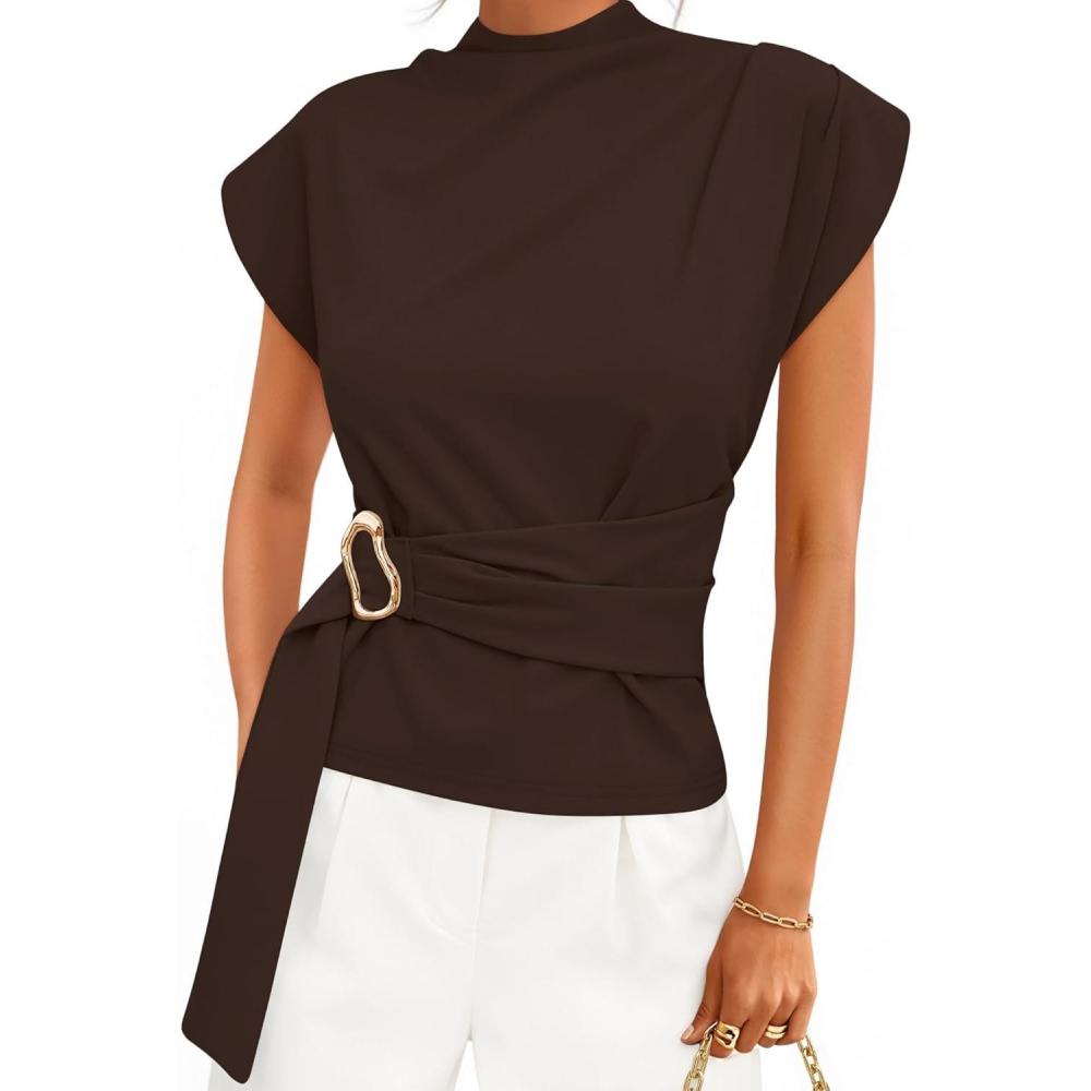 imageZESICA Womens 2026 Summer Cap Sleeve Blouse Mock Neck Business Casual Tops Spring Dressy Tunic Work ShirtsBrown