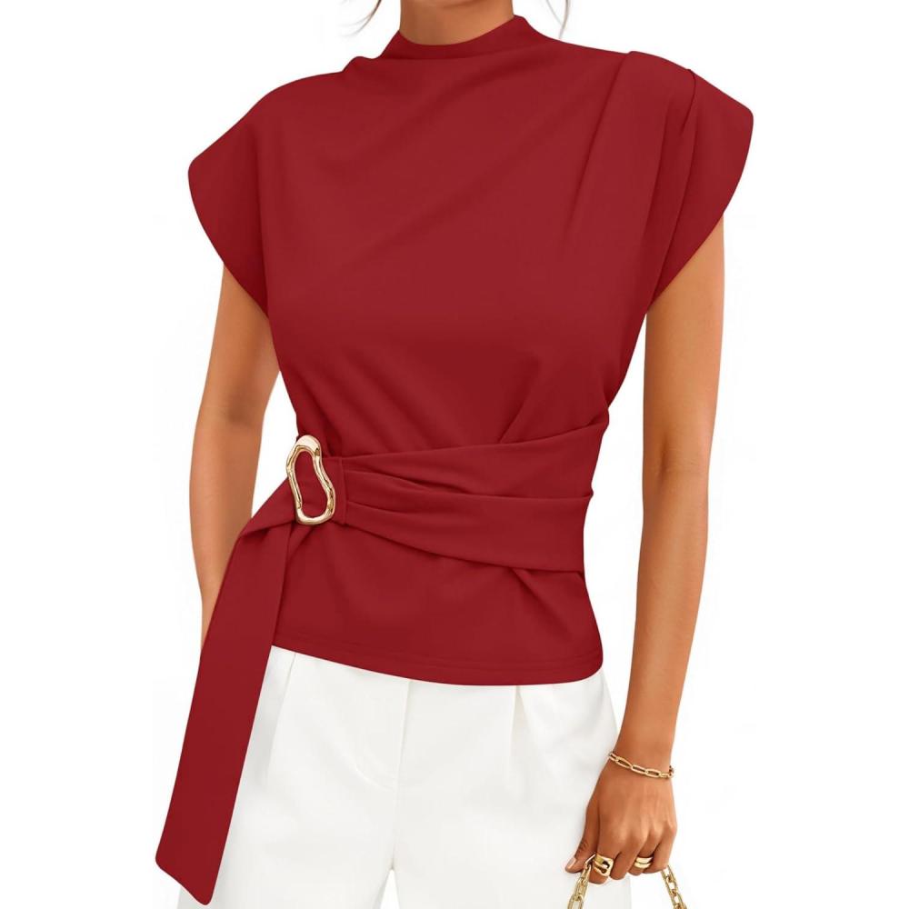 imageZESICA Womens 2026 Summer Cap Sleeve Blouse Mock Neck Business Casual Tops Spring Dressy Tunic Work ShirtsWine