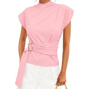 ZESICA Women’s 2026 Summer Cap Sleeve Blouse Mock Neck Business Casual Tops Spring Dressy Tunic Work Shirts(Pink)