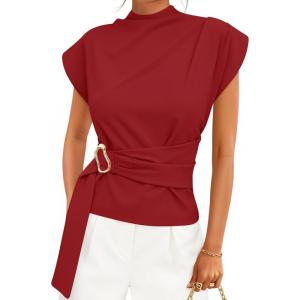 ZESICA Women’s 2026 Summer Cap Sleeve Blouse Mock Neck Business Casual Tops Spring Dressy Tunic Work Shirts(Wine)