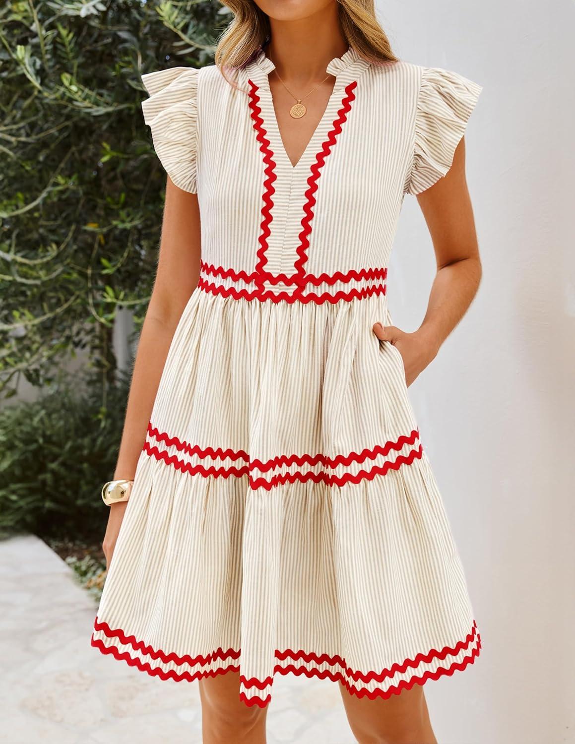 imageZESICA Womens Summer Casual Mini Dress 2026 V Neck Flutter Short Sleeve Striped Ruffle A Line Beach Vacation DressesApricot