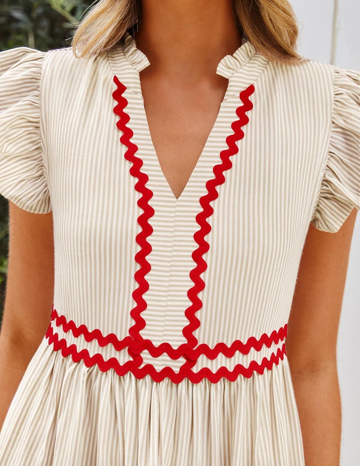 imageZESICA Womens Summer Casual Mini Dress 2026 V Neck Flutter Short Sleeve Striped Ruffle A Line Beach Vacation DressesApricot