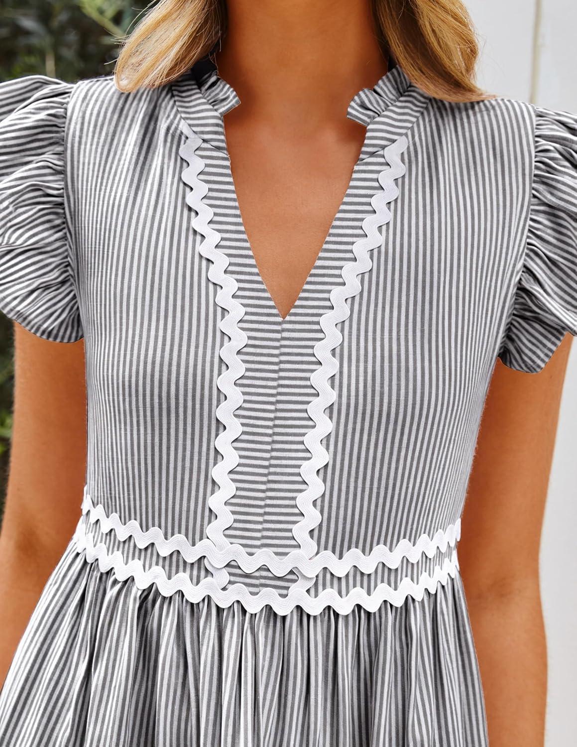 imageZESICA Womens Summer Casual Mini Dress 2026 V Neck Flutter Short Sleeve Striped Ruffle A Line Beach Vacation DressesBlack