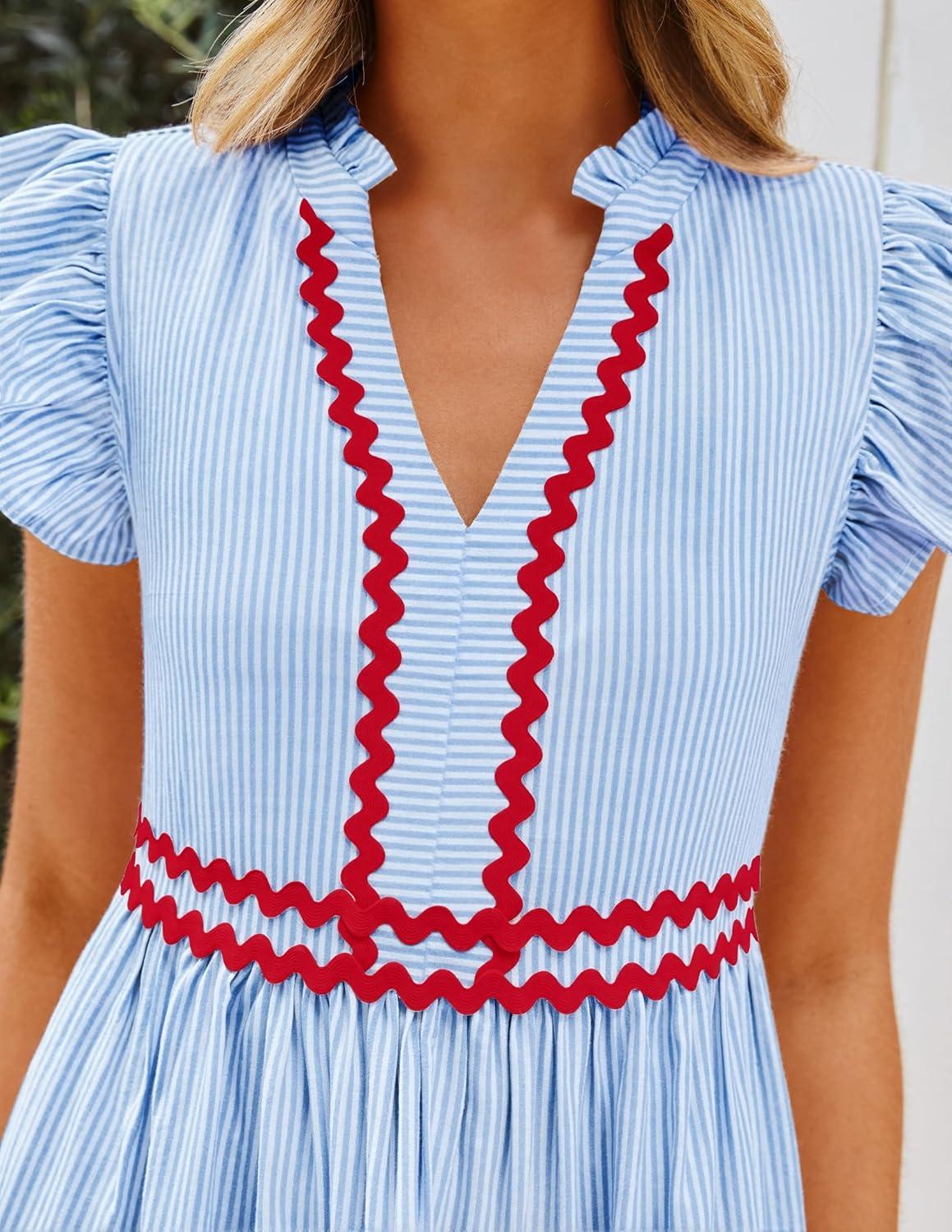 imageZESICA Womens Summer Casual Mini Dress 2026 V Neck Flutter Short Sleeve Striped Ruffle A Line Beach Vacation DressesBlue