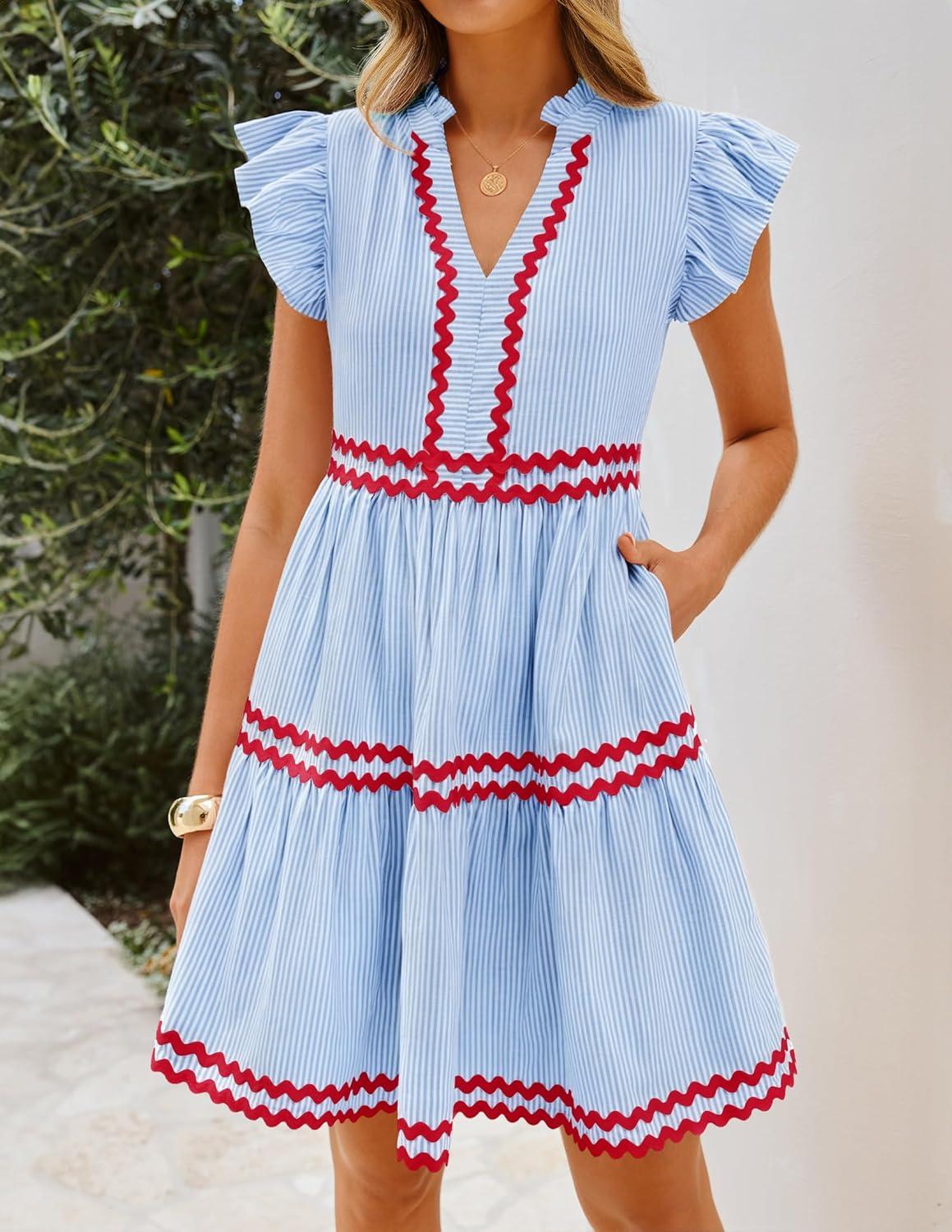 imageZESICA Womens Summer Casual Mini Dress 2026 V Neck Flutter Short Sleeve Striped Ruffle A Line Beach Vacation DressesBlue