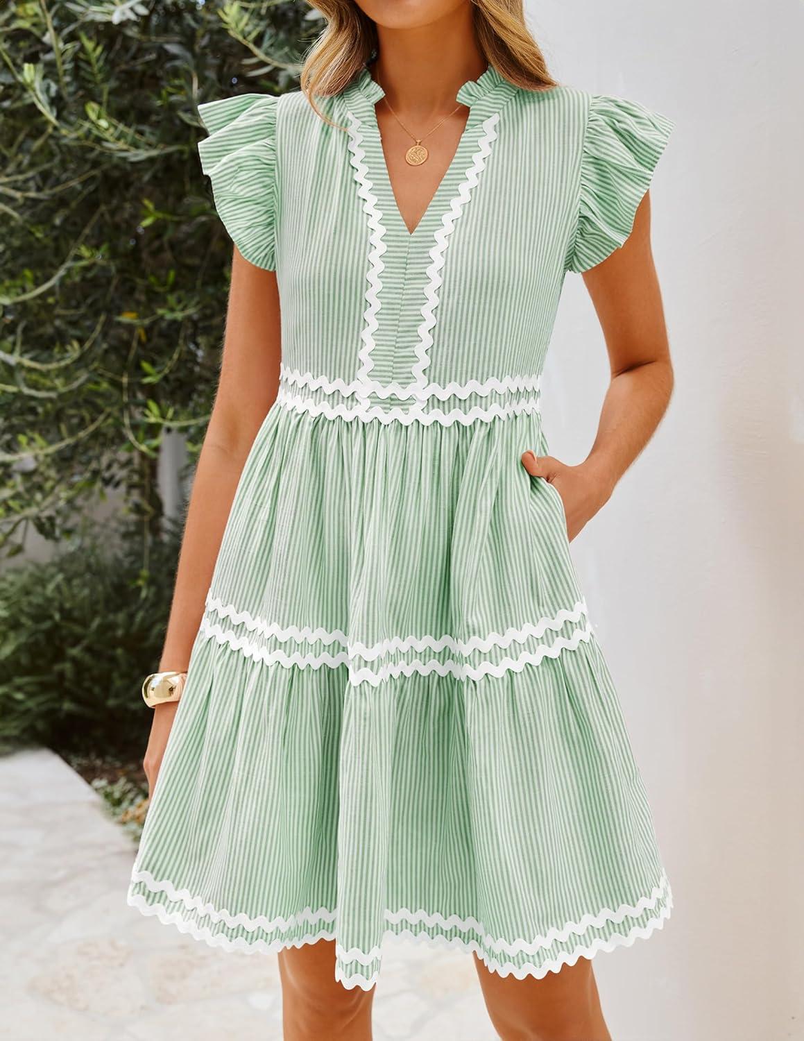 imageZESICA Womens Summer Casual Mini Dress 2026 V Neck Flutter Short Sleeve Striped Ruffle A Line Beach Vacation DressesGreen