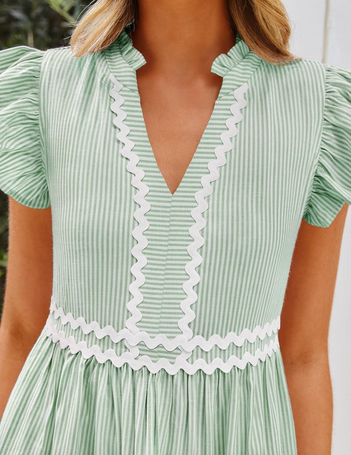 imageZESICA Womens Summer Casual Mini Dress 2026 V Neck Flutter Short Sleeve Striped Ruffle A Line Beach Vacation DressesGreen