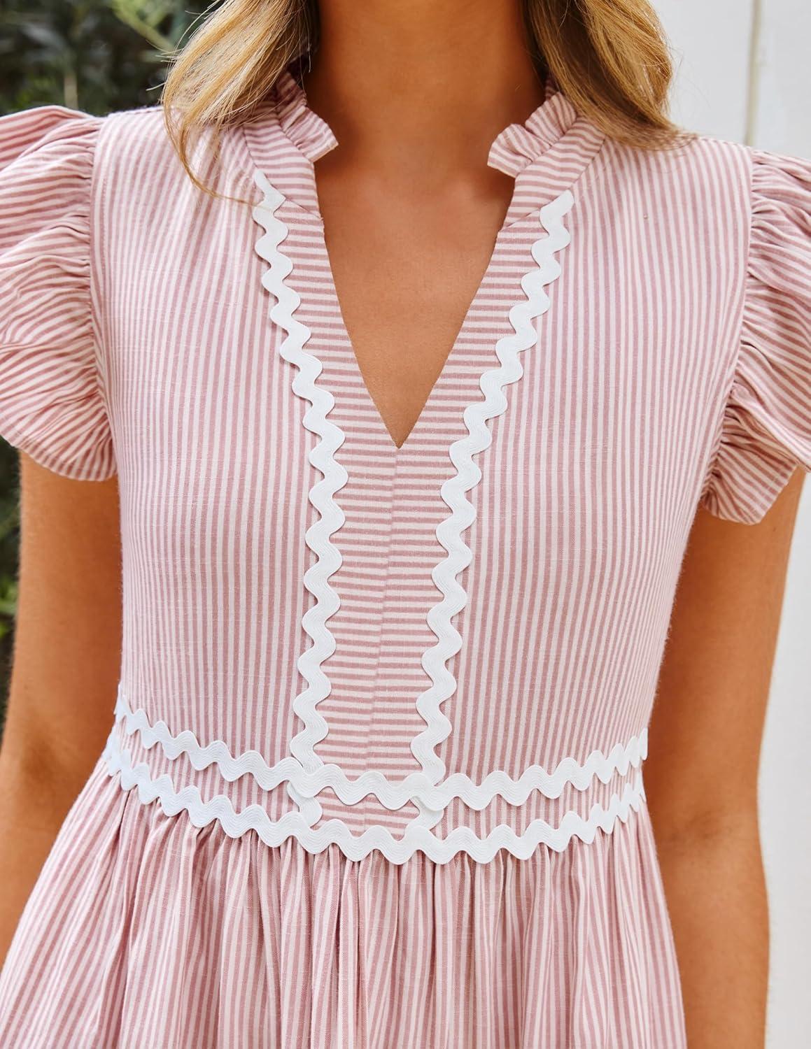 imageZESICA Womens Summer Casual Mini Dress 2026 V Neck Flutter Short Sleeve Striped Ruffle A Line Beach Vacation DressesPink