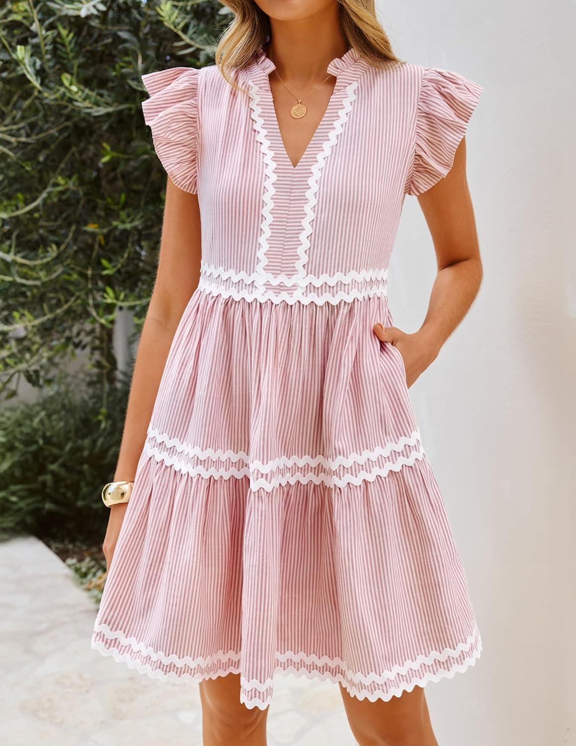 imageZESICA Womens Summer Casual Mini Dress 2026 V Neck Flutter Short Sleeve Striped Ruffle A Line Beach Vacation DressesPink