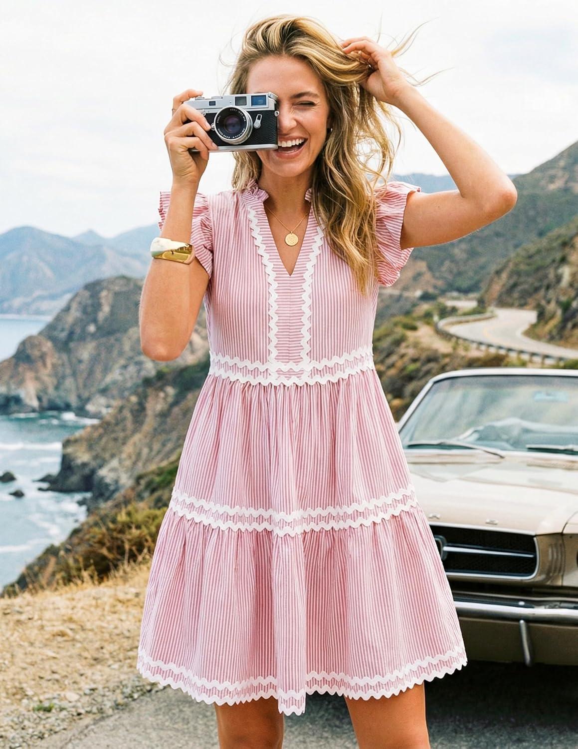 imageZESICA Womens Summer Casual Mini Dress 2026 V Neck Flutter Short Sleeve Striped Ruffle A Line Beach Vacation DressesPink