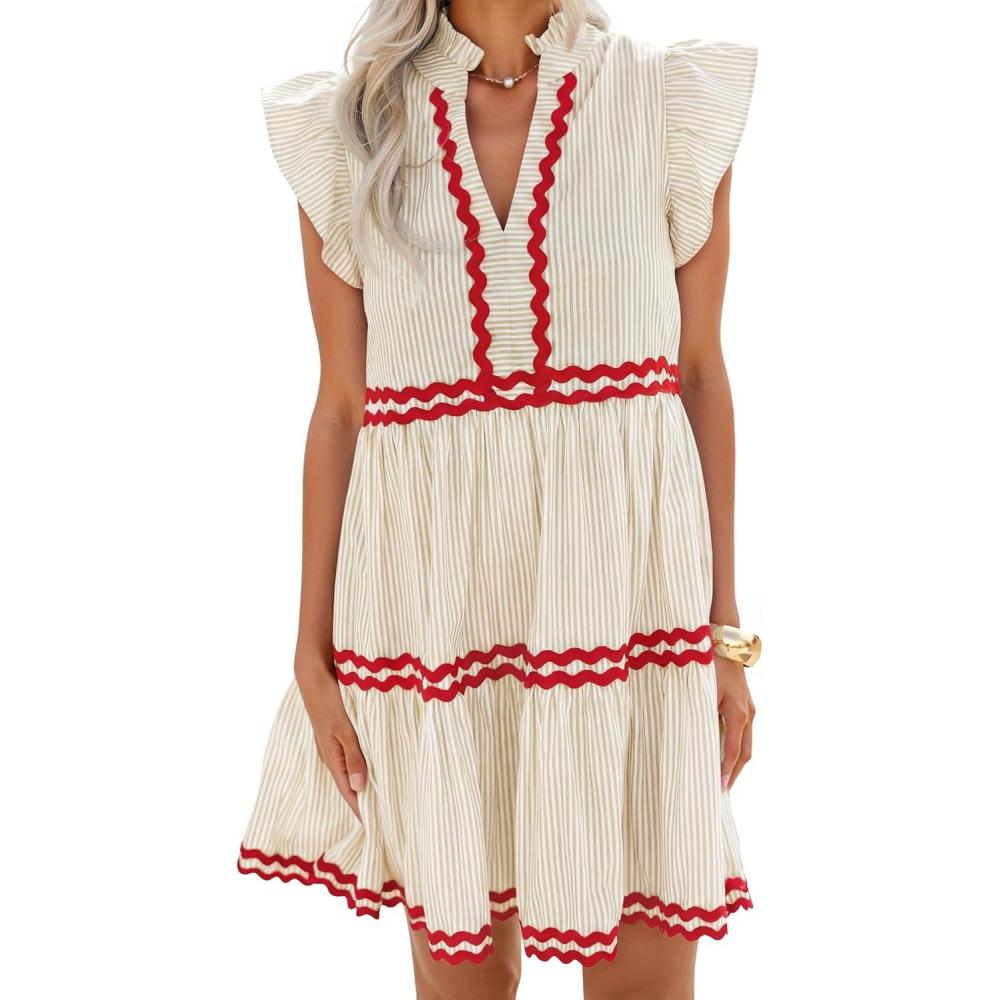 imageZESICA Womens Summer Casual Mini Dress 2026 V Neck Flutter Short Sleeve Striped Ruffle A Line Beach Vacation DressesApricot