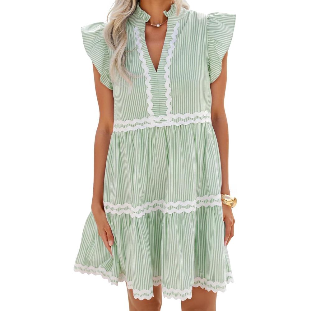imageZESICA Womens Summer Casual Mini Dress 2026 V Neck Flutter Short Sleeve Striped Ruffle A Line Beach Vacation DressesGreen