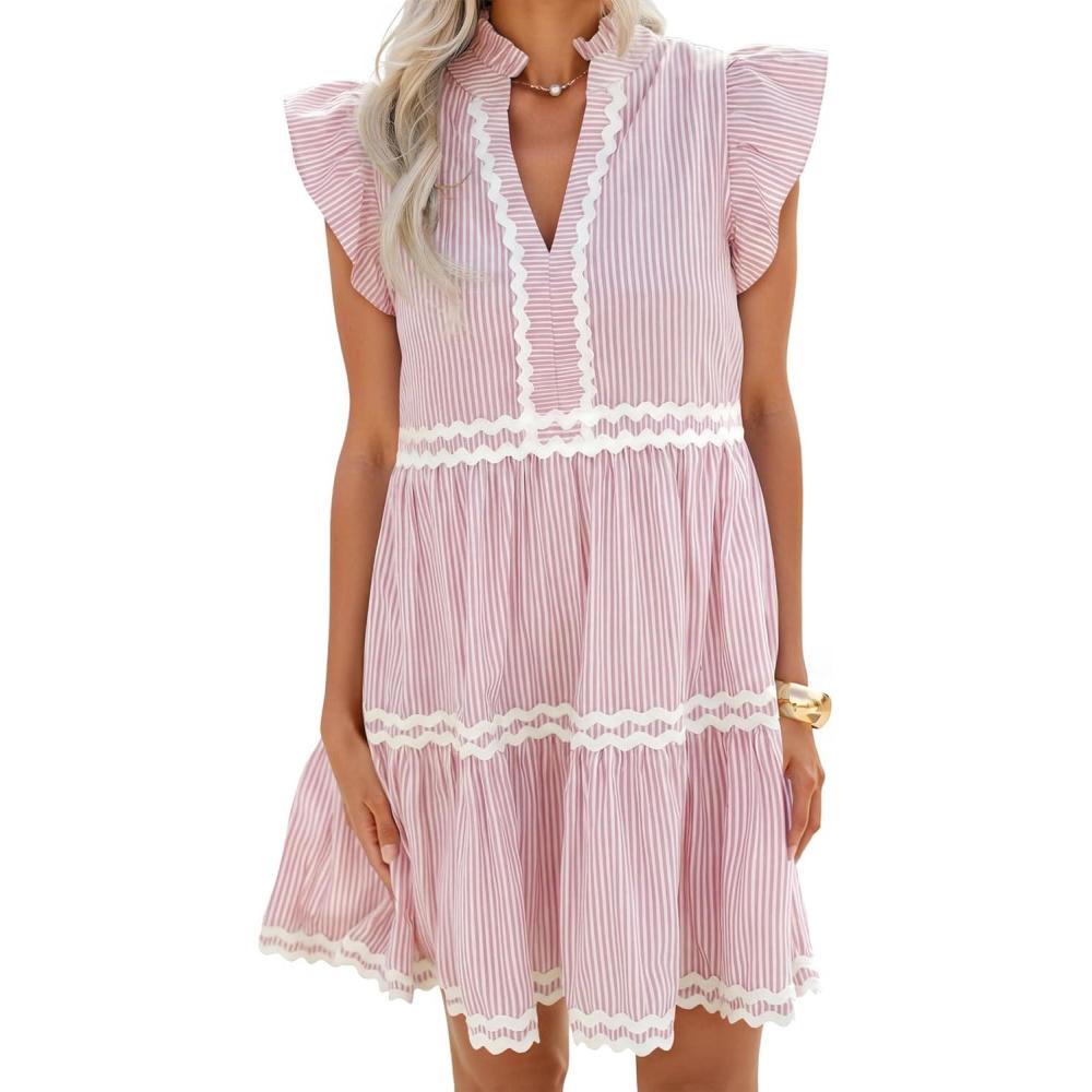 imageZESICA Womens Summer Casual Mini Dress 2026 V Neck Flutter Short Sleeve Striped Ruffle A Line Beach Vacation DressesPink