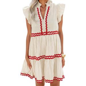 ZESICA Women’s Summer Casual Mini Dress 2026 V Neck Flutter Short Sleeve Striped Ruffle A Line Beach Vacation Dresses(Apricot)