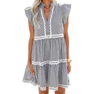 ZESICA Women’s Summer Casual Mini Dress 2026 V Neck Flutter Short Sleeve Striped Ruffle A Line Beach Vacation Dresses(Black)