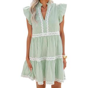 ZESICA Women’s Summer Casual Mini Dress 2026 V Neck Flutter Short Sleeve Striped Ruffle A Line Beach Vacation Dresses(Green)