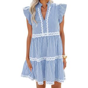 ZESICA Women’s Summer Casual Mini Dress 2026 V Neck Flutter Short Sleeve Striped Ruffle A Line Beach Vacation Dresses(Lightblue)