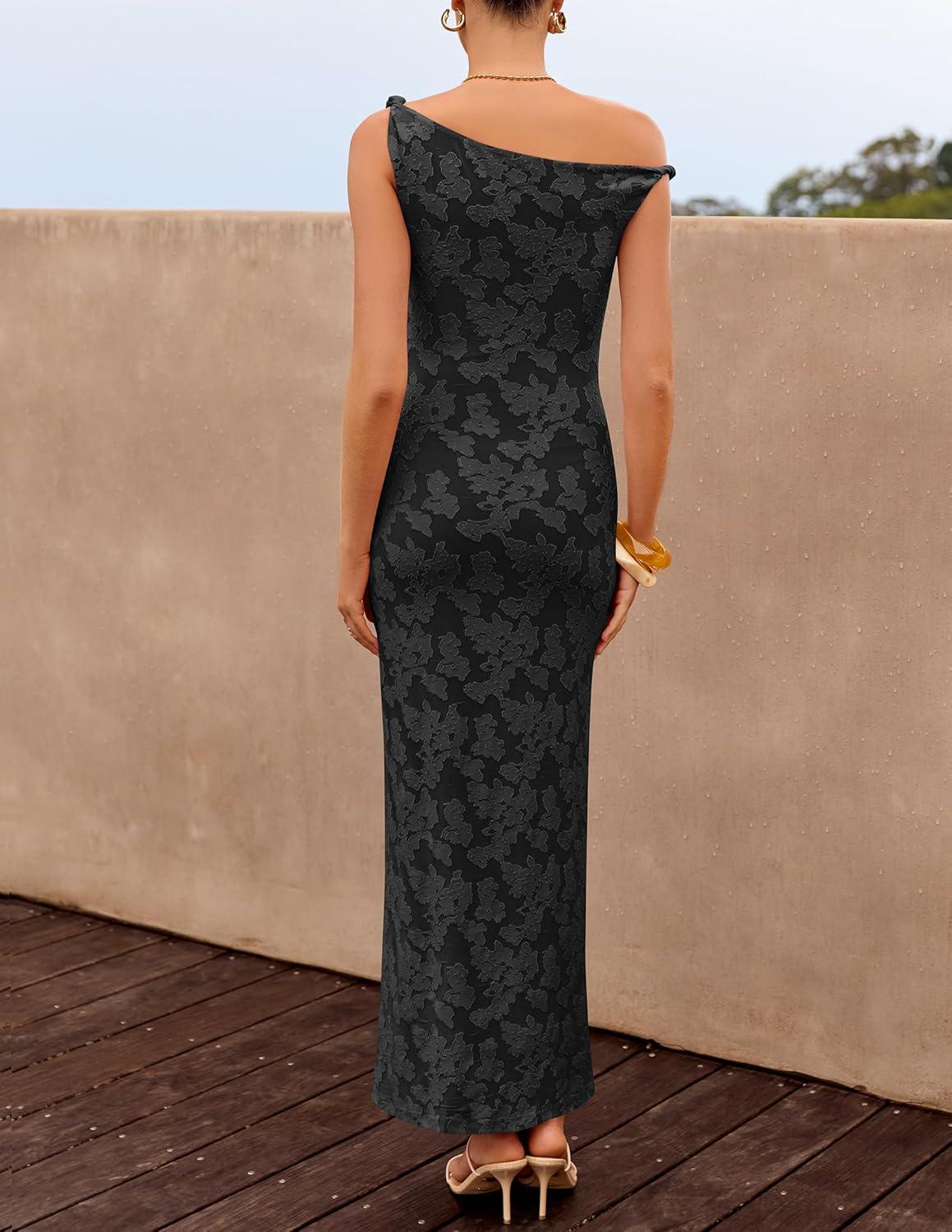 imageZESICA Womens Summer One Shoulder Floral Bodycon Midi Dress 2026 Ruched Elegant Wedding Cocktail Party Long DressesBlack