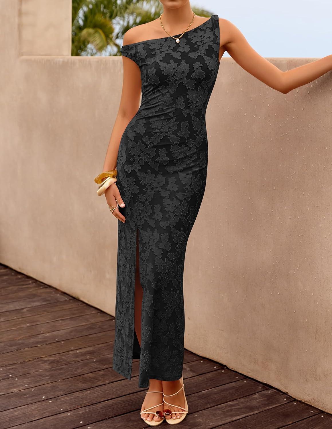 imageZESICA Womens Summer One Shoulder Floral Bodycon Midi Dress 2026 Ruched Elegant Wedding Cocktail Party Long DressesBlack